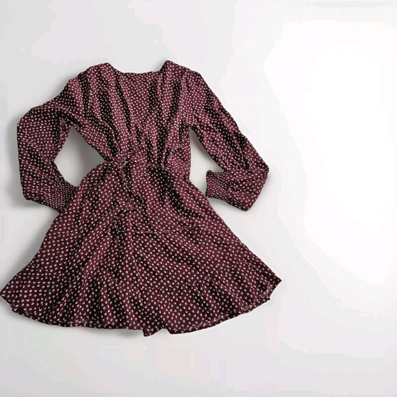 Abercrombie & Fitch Wrap Dress Women PL Wine Beige Mini Lined Ties Dainty Floral - Picture 2 of 16